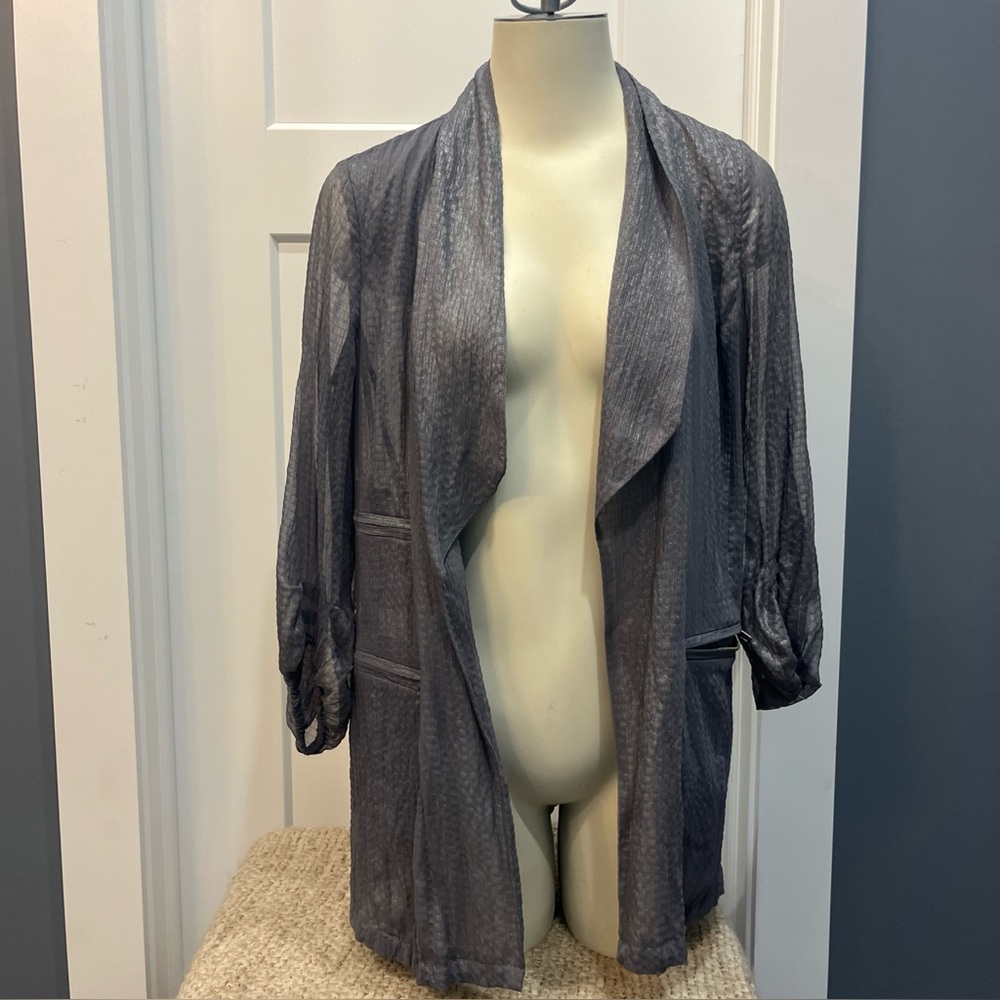 Diane Von Furstenberg Brady Jacket Sheer Grey Silver Metallic Open Front Size 6